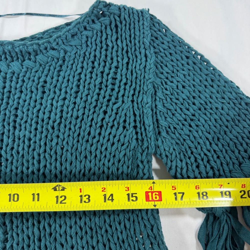Free People On the Fringe Teal Chunky Cotton Knit Fringe Sweater Boho XS - Picture 5 of 8